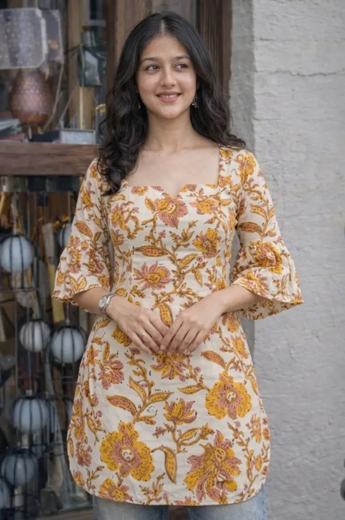 Flower design bell sleeve short kurti (XS)